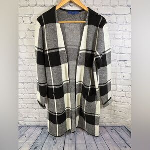 APT 9 Black Cream Buffalo Plaid Open Front Casual Cozy Comfy Cardigan Sweater L